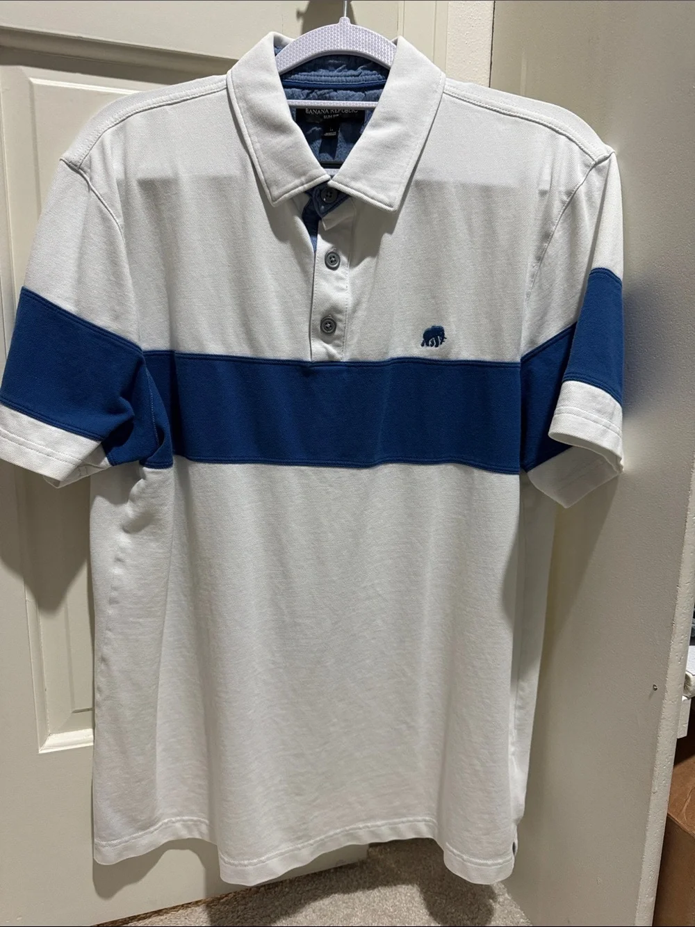 Banana Republic White Polo with Navy Blue Chest Stripe